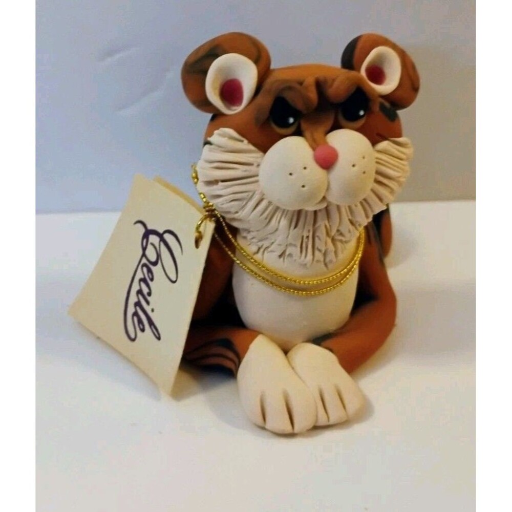 Vintage 1980s Cecile’s Creations Polymer Clay Tiger Figurine Signed w Tag Boho